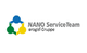 Logo des NANO ServiceTeam mit blau-grün-gelber Figur und Schriftzug "aquis-Gruppe".