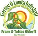 Logo mit Sonne, Pflanzen, "Garten & Landschaftsbau", "Frank & Tobias Oldorff", Webseite und Telefon.