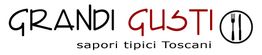 Logo con scritta "GRANDI GUSTI - sapori tipici Toscani" e icona di posate in un cerchio.