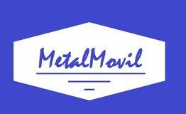 Logo azul con texto "MetalMovil" dentro de un hexágono blanco.