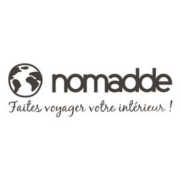 Logo avec texte : "nomadde - Faites voyager votre intérieur !" et dessin d'un globe stylisé.