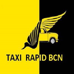 Logo de "Taxi Rapid BCN" en fondo dividido amarillo y negro con coche alado.