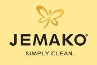 Logo von Jemako mit Schmetterlingssymbol und dem Slogan "Simply Clean" auf gelbem Hintergrund.