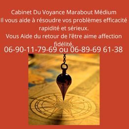 Texte sur fond rouge avec pendule, numéros de contact pour services de voyance, retour d'affection.
