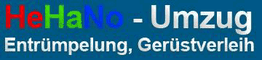 HeHaNo-Umzug-Logo mit Text: "Entrümpelung, Gerüstverleih" auf blauem Hintergrund.