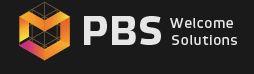 Logotipo de PBS Welcome Solutions con fondo negro y diseño geométrico en amarillo y rosa.