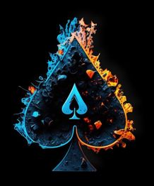 Pik-Symbol, blau und orange gefärbt, mit Flammen und Eiseffekten, auf schwarzem Hintergrund.