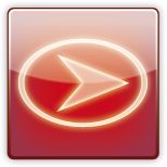 Rotes Symbol mit weißem Pfeil nach rechts in einem Kreis auf einem quadratischen Hintergrund.