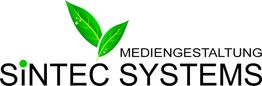 "Logo: Sintec Systems mit zwei grünen Blättern über dem Schriftzug 'Mediengestaltung'."