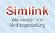 Text: "Simlink Webdesign und Mediengestaltung" auf gestreiftem Hintergrund.