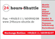 Visitenkarte von 24hours-Shuttle mit Kontaktdaten und Angeboten wie Flughafentransfer und Kurierdienst.
