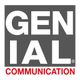 Logo con testo "GENIAL" in bianco su sfondo grigio e "COMMUNICATION" in rosso su sfondo bianco.