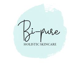 Blauw logo met de tekst "Bi-pure Holistic Skincare" in zwarte, sierlijke letters.