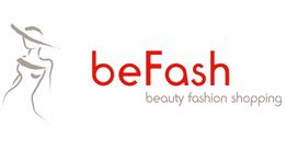 Umriss einer Frau, daneben der Text "beFash beauty fashion shopping" in Rot und Grau.