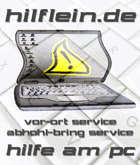 Laptop mit Warnsymbol, Text: hilflein.de, vor Ort Service, Abhol-Bring Service, Hilfe am PC.