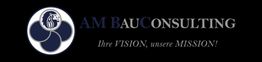 Logo von AM Bau Consulting mit Löwenemblem und Slogan "Ihre Vision, unsere Mission!" auf schwarz.