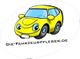 Gelbes Cartoon-Auto mit blau getönten Fenstern, darunter Text: "DIE-FAHRZEUGPFLEGER.DE".