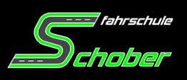 Logo mit grünem "S", Straßenmotiv, Text "Fahrschule Schober" auf schwarzem Hintergrund.
