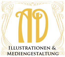 Goldenes AD-Logo mit dekorativem Rahmen und Text: "Illustrationen & Mediengestaltung".