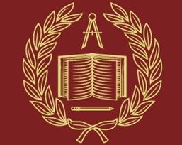 Emblème doré: livre ouvert, compas, crayon et laurier sur fond bordeaux.