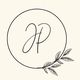 Monogramme JP entouré d'un cercle avec une branche de feuilles décorative en dessous.