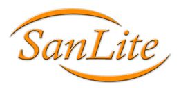 Logo mit dem Text "SanLite" in orange Schrift, umgeben von zwei geschwungenen Linien.