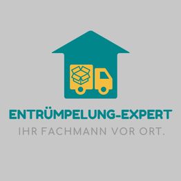Logodesign mit Haus und LKW. Text: "Entrümpelung-Expert, Ihr Fachmann vor Ort."