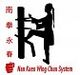Schattenriss einer Person mit Holzpuppe, chinesische Zeichen und Text: "Nin Kuen Wing Chun System".