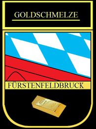Wappen mit bayerischem Rautenmuster, rotem Band, Goldbarren und Text: "Goldschmelze Fürstenfeldbruck".