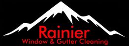 Logo of Rainier Window & Gutter Cleaning with a mountain silhouette in white on black background.