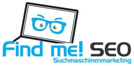 "Logo mit Bildschirm, Brille, Text: 'Find me! SEO Suchmaschinenmarketing' in Blau und Schwarz."