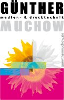 Bunte Sonnenblumen-Grafik mit Text: "Günther Medien- & Drucktechnik Muchow".