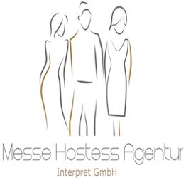 Strichzeichnung von drei Personen, darunter Text: "Messe Hostess Agentur Interpret GmbH".