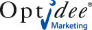 Optidee-Logo mit schwarzem Text und blaumem "V" als Häkchen; darunter steht "Marketing".