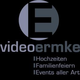 Logo mit dem Buchstaben E, Text: "Videoermke", "Hochzeiten, Familienfeiern, Events aller Art".