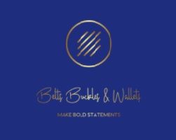 Logo with gold text "Belts Buckles & Wallets" on a blue background.