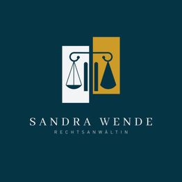 Logo mit Waage, Text: "Sandra Wende, Rechtsanwältin" auf dunklem Hintergrund.