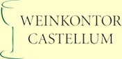Logo mit grünem Weinglas-Symbol und schwarzem Text: "Weinkontor Castellum" auf gelbem Hintergrund.