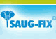 Logo mit einem Elefant und dem Text „SAUG-FIX“ auf blauem Hintergrund.