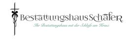 Logo des Bestattungshauses Schäfer mit Kreuz und Schleife; Text: "Ihr Bestattungshaus mit der Schleife am Kreuz".