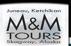 M&M Tours Alaska logo, featuring Juneau, Ketchikan, and Skagway against a mountain backdrop.