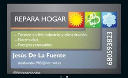 Tarjeta de contacto Repara Hogar, servicios de climatización, electricidad y energía renovable.