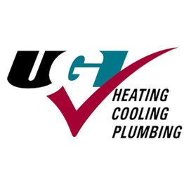 Logo of UGI with a red check mark, text: "Heating, Cooling, Plumbing" on the right.