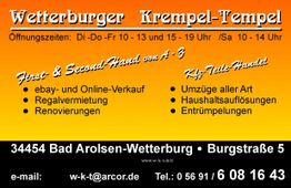 Geschäftsanzeige Wetterburger Krempel-Tempel mit Öffnungszeiten und Dienstleistungen.