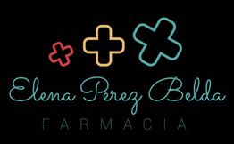 Logotipo de "Farmacia Elena Perez Belda" con signos de cruz de colores sobre fondo negro.