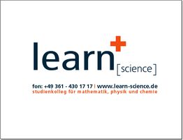 Logo mit dem Text "learn science", Kontaktinformationen und Fächern: Mathematik, Physik, Chemie.