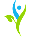 Figura abstracta con forma de persona en azul y hoja verde, símbolo de bienestar y naturaleza.