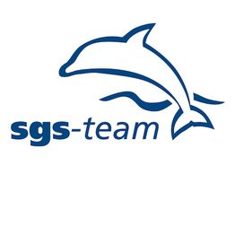 Logo mit einem Delfin und dem Schriftzug "sgs-team" in Blau.