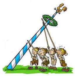 Vier Kinder stellen fröhlich einen blau-weißen Maibaum mit Kranz und Hahn auf.