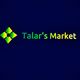 Logo with green-yellow text "Talar's Market" and diamond shape on dark blue background.